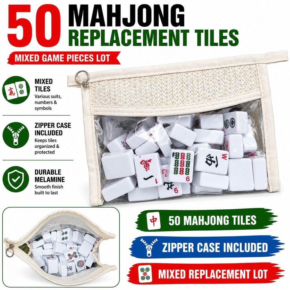50 Mahjong Replacement Tiles Mixed White Melamine Game Pieces w/ Zipper Case Lot